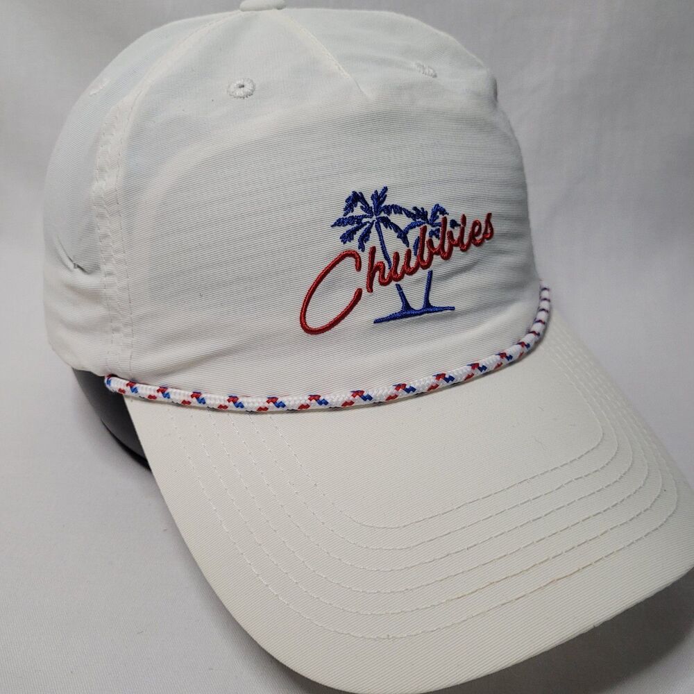 Chubbies Hat Cream Nylon Rope Red Script Palm Trees Golf Strapback Cap NWOT